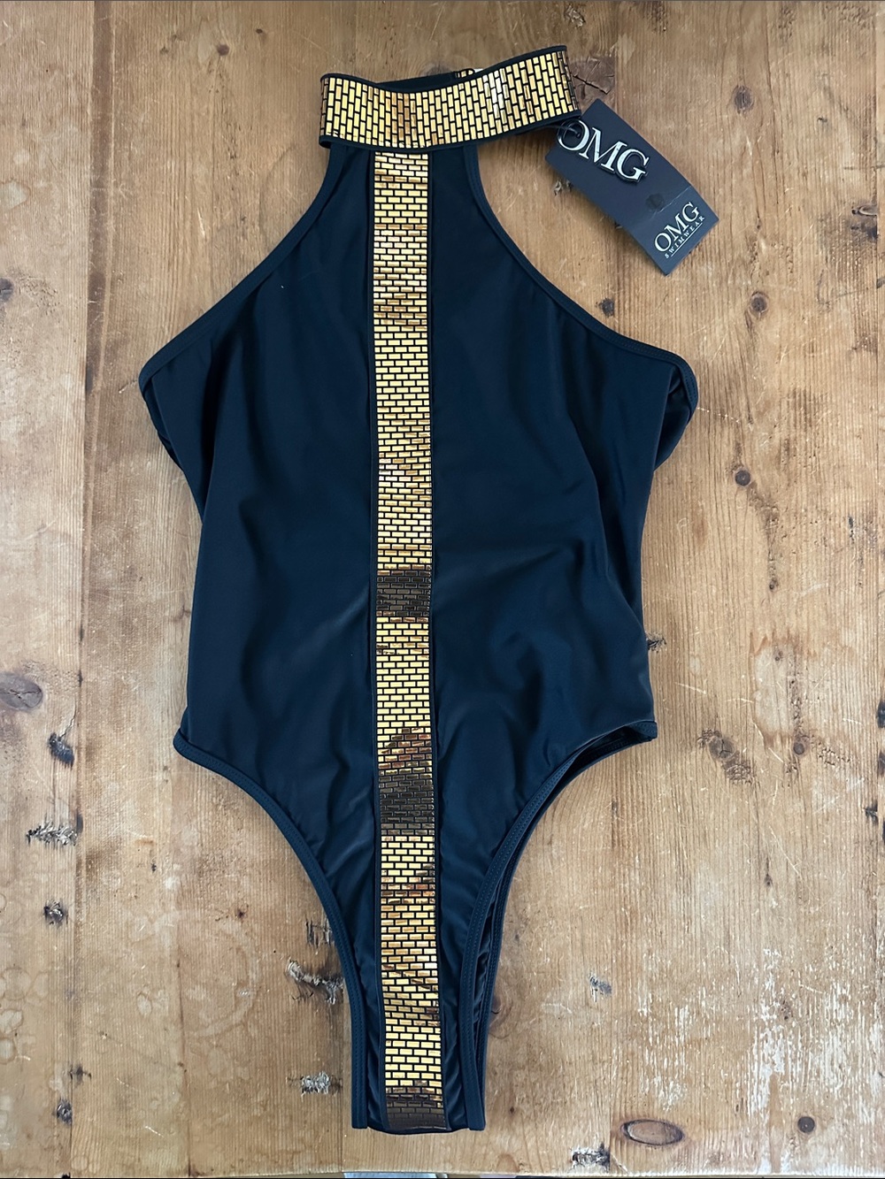 OMG SWIMWEAR ONE PIECE BLACK & GOLD HALTER SWIMSUIT BATHING SUIT LARGE NEW